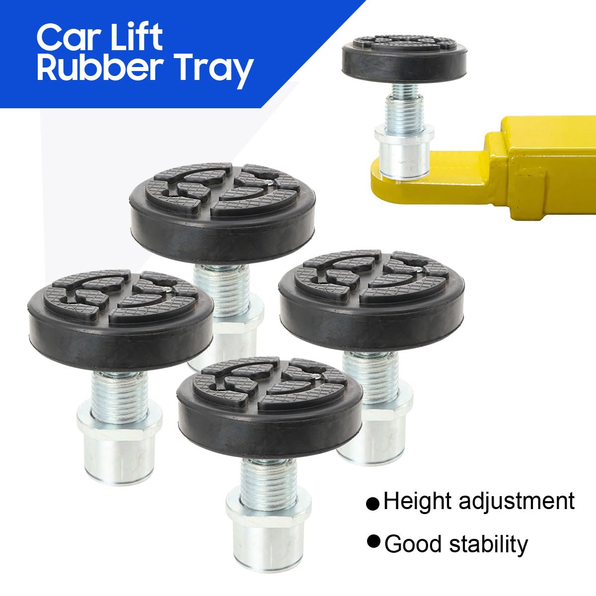 Set di 4 Tampone in Gomma per Cric Sollevatore Auto, Regolabile Tondo Tampone in Gomma con Filettato Acciaio Uso Universale Accessorio Cric Idraulico Tamponi Martinetti Sollevatore
