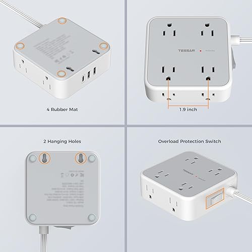 Miniatura 7 de Tessan Enchufe multi para sobretensión, 900 J, cable plano, 5 ft, 8 tomacorrientes CA, 3 puertos USB (1 USB C), extensor pared 3 lados, estación