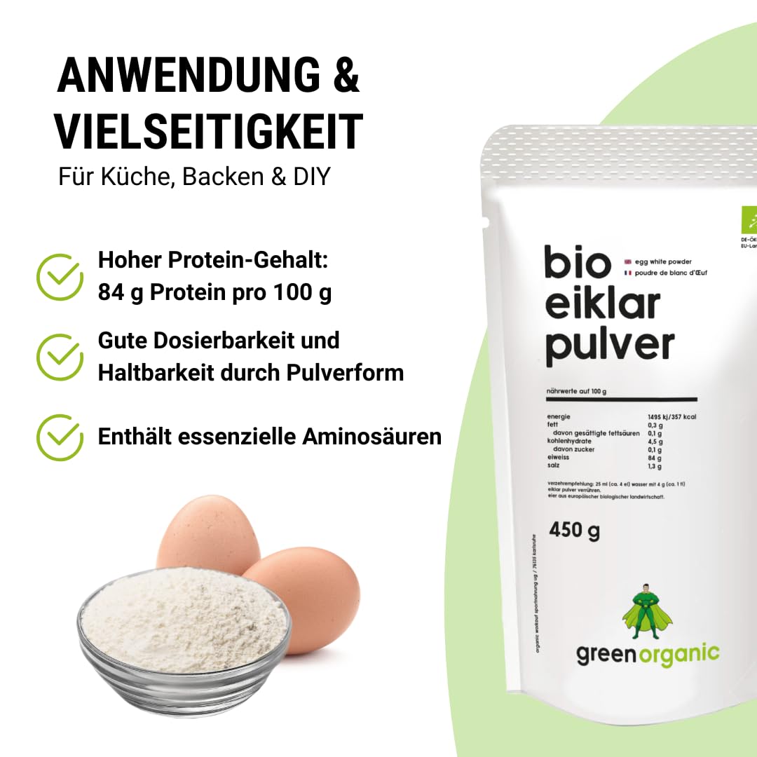 Polvo de clara de huevo orgánico GreenOrganic, 450 g, pasteurizado, secado por pulverización