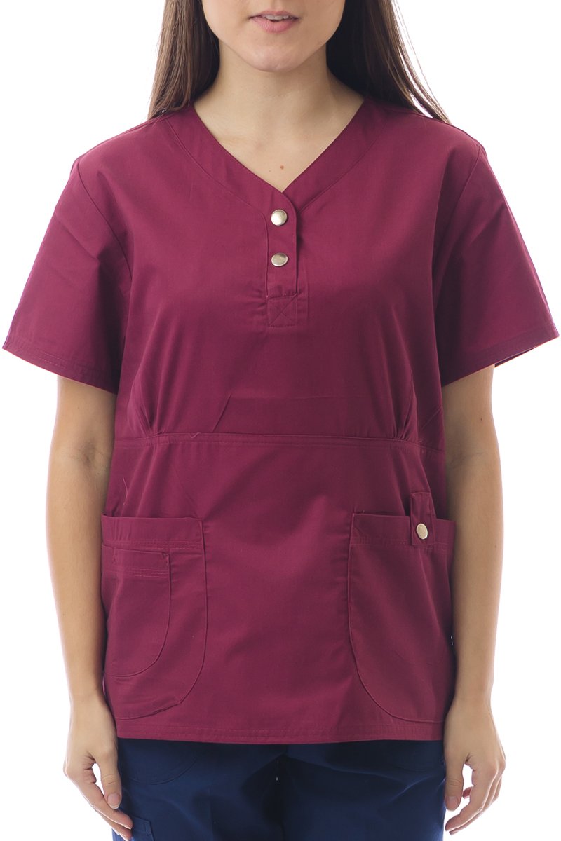 Hey Women's Henley Snap Baby Twill Scrub Top Wine