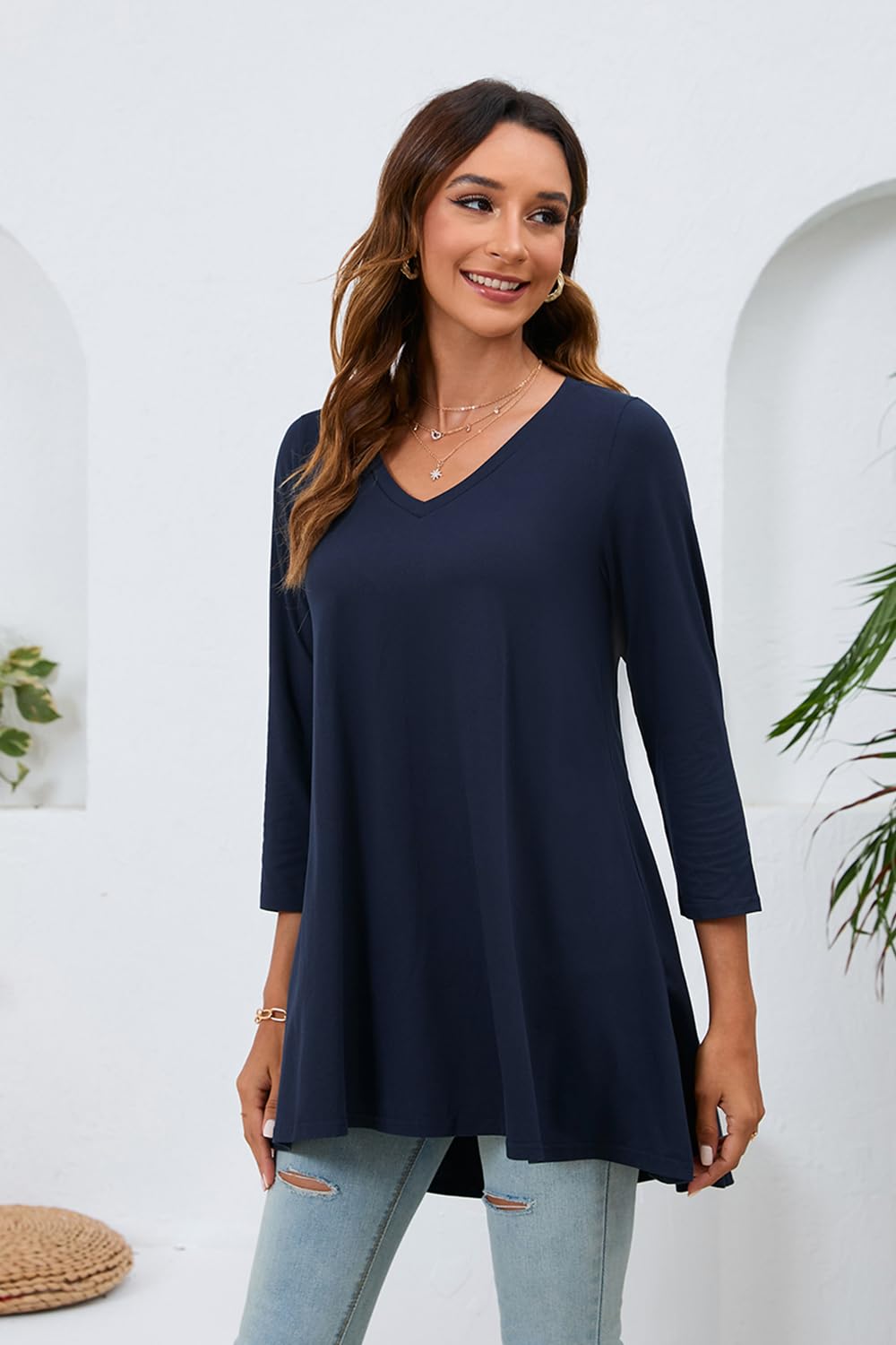 Enmain Camisa Mujer Talla Grande Túnica Blusa Cuello V 3/4 Manga Larga Elegante Cómoda Casual Sólidos/Estampadas para Túnica Mujeres