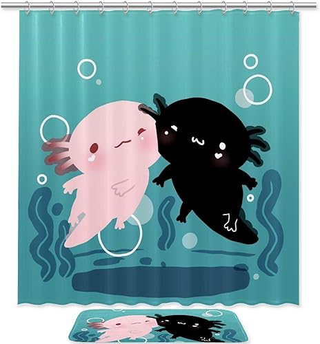 KXO Juego de cortina de ducha impermeable y tapete de poliéster con ganchos, 70.8 x 70.8 pulgadas