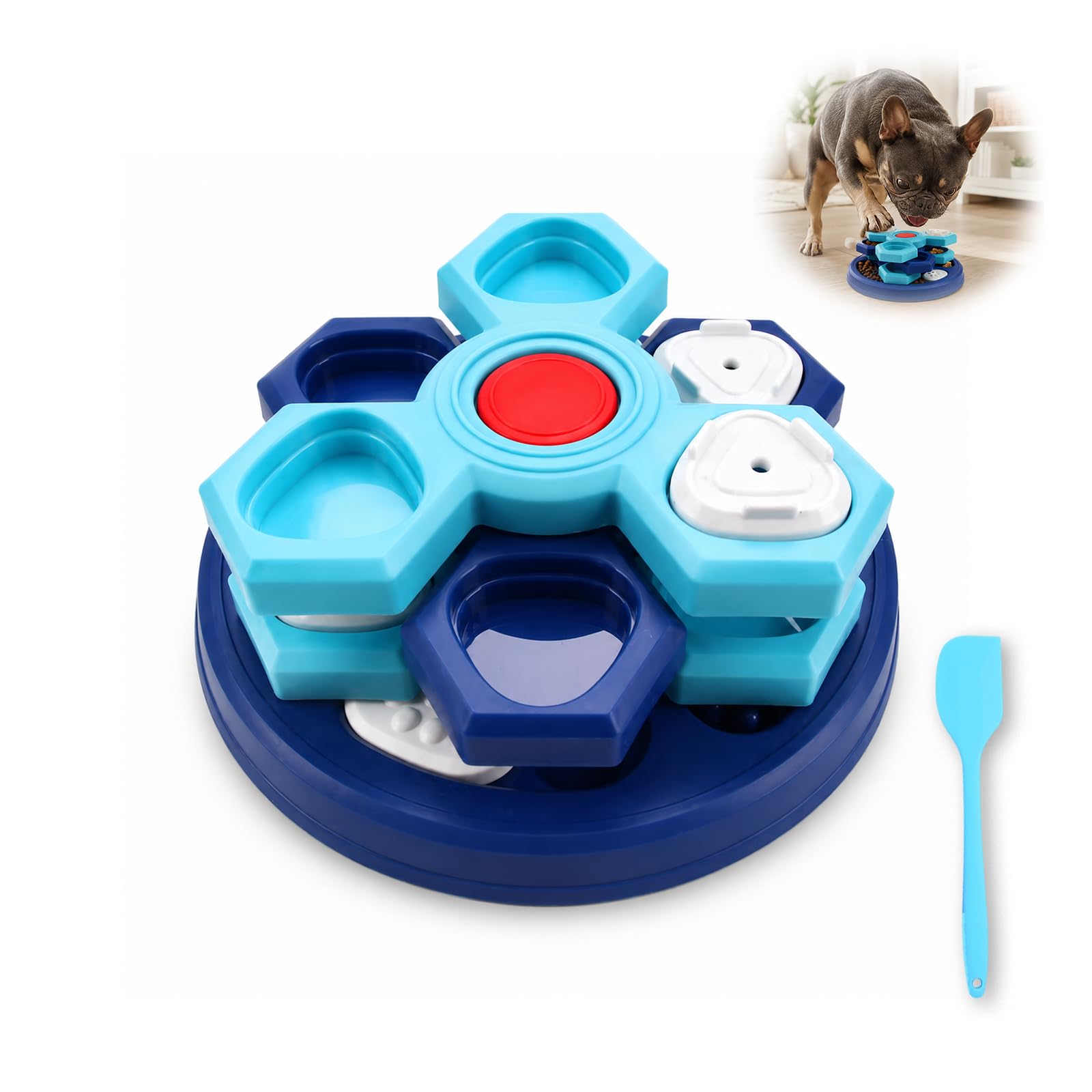 Ciotola per cani a rompicapo Slow Feeder, mangiatoia interattiva rotante a 4 strati con 7 coperchi rimovibili, spatola in silicone e base antiscivolo, blu