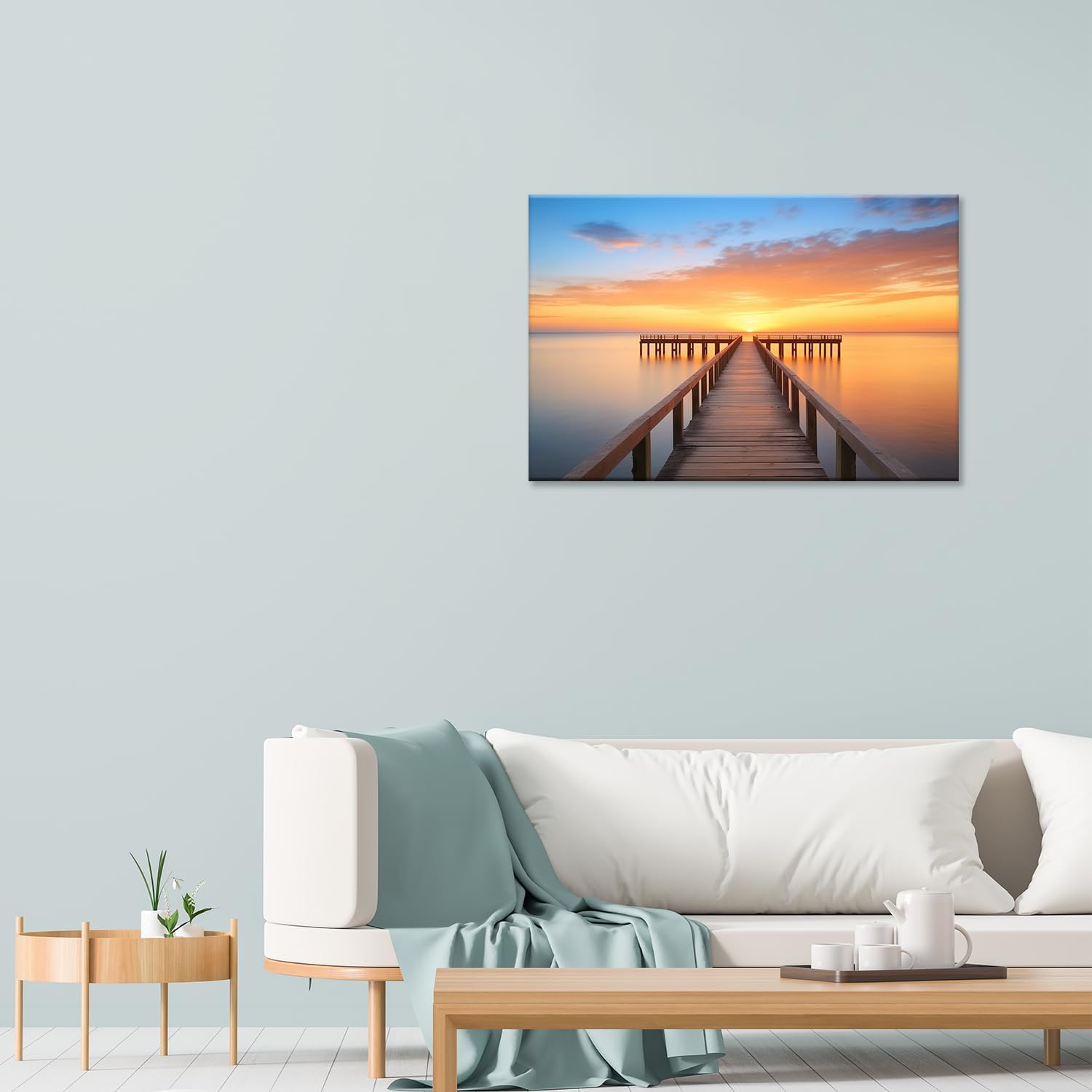 MODOJOART Scenery Canvas Wall Art, Lake Bridge at Sunrise Painting Print Classical Lake Landscape Picture Poster for Living Room Bedroom Decor(Artwork-01, 18"x12")