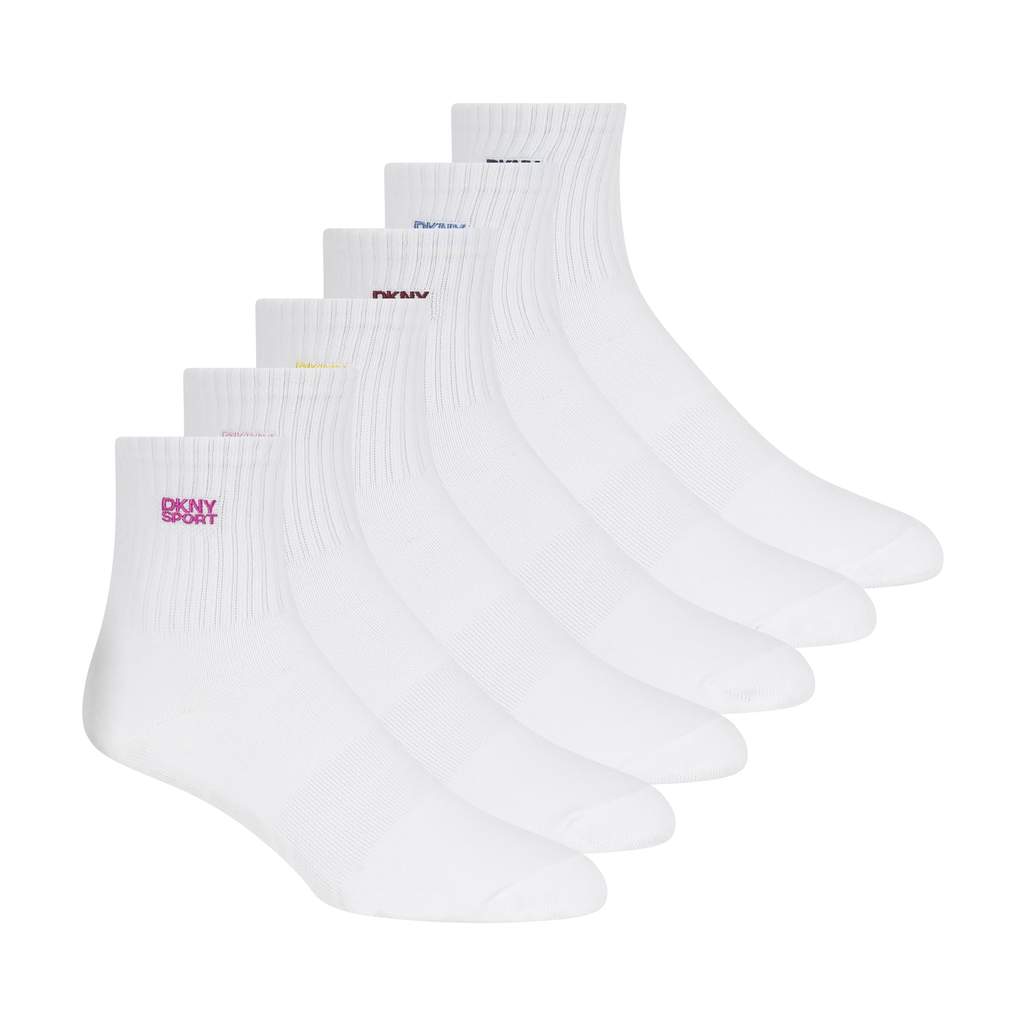 DKNY Women's 6 Pack Sport Low Crew Socks, White/Multi, 8-10 UK