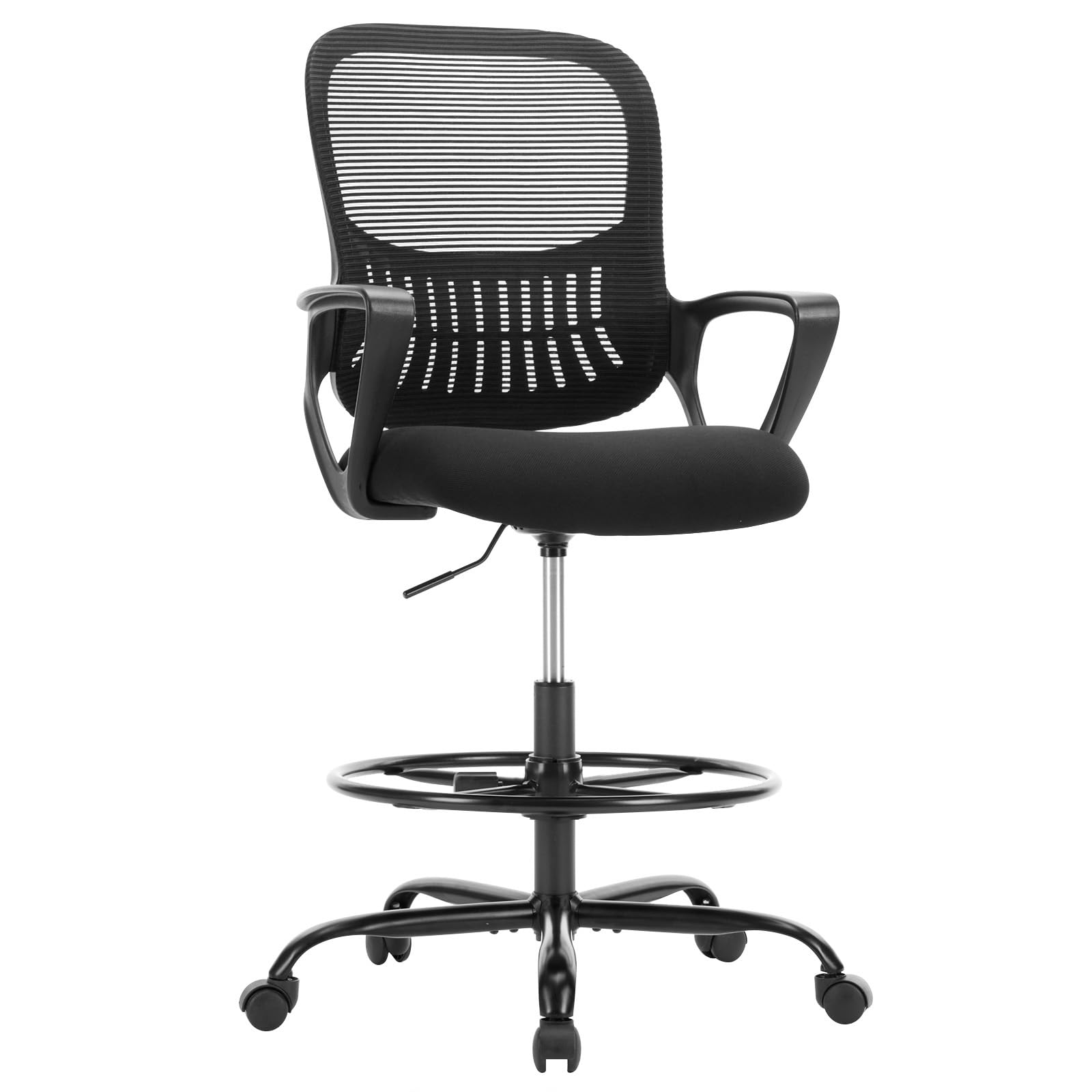 DUMOS Drafting Chair - Ergonomic Tall Office for Standing Desk, Counter with Height Adjustable and Comfortable Lumbar Support, Fixed Armrests, Black