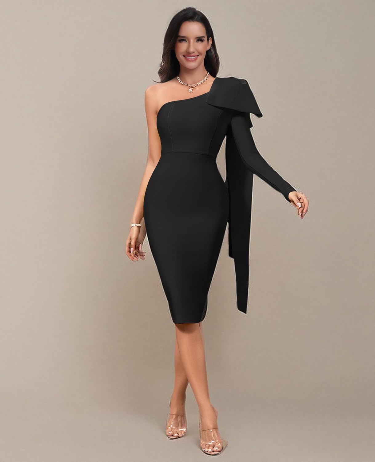 Maketina Womens One Shoulder Ruffle Long Sleeve Bandage Dress Club Cocktail Dresses - Image 7