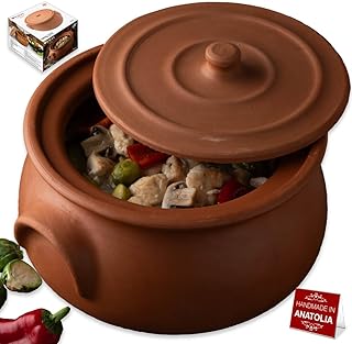 Hakan Suphan Handmade 7.6-Quart Large Clay Cooking Pot with Lid, Natural Unglazed Cookware, Terracotta