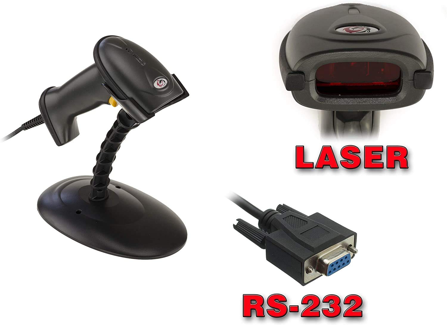 KALEA-INFORMATIQUE Douchette Laser RS232 DB9 Codes Barres avec portique | Lecteur avec portique mains libres et interface RS232 DB9, compatible 1D EAN, Code 39, Codabar, Code 128.