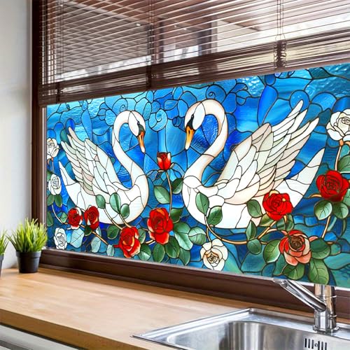 Película decorativa ventana vidriera cisne y rosa 39.3×17.7 pulg miniatura 4