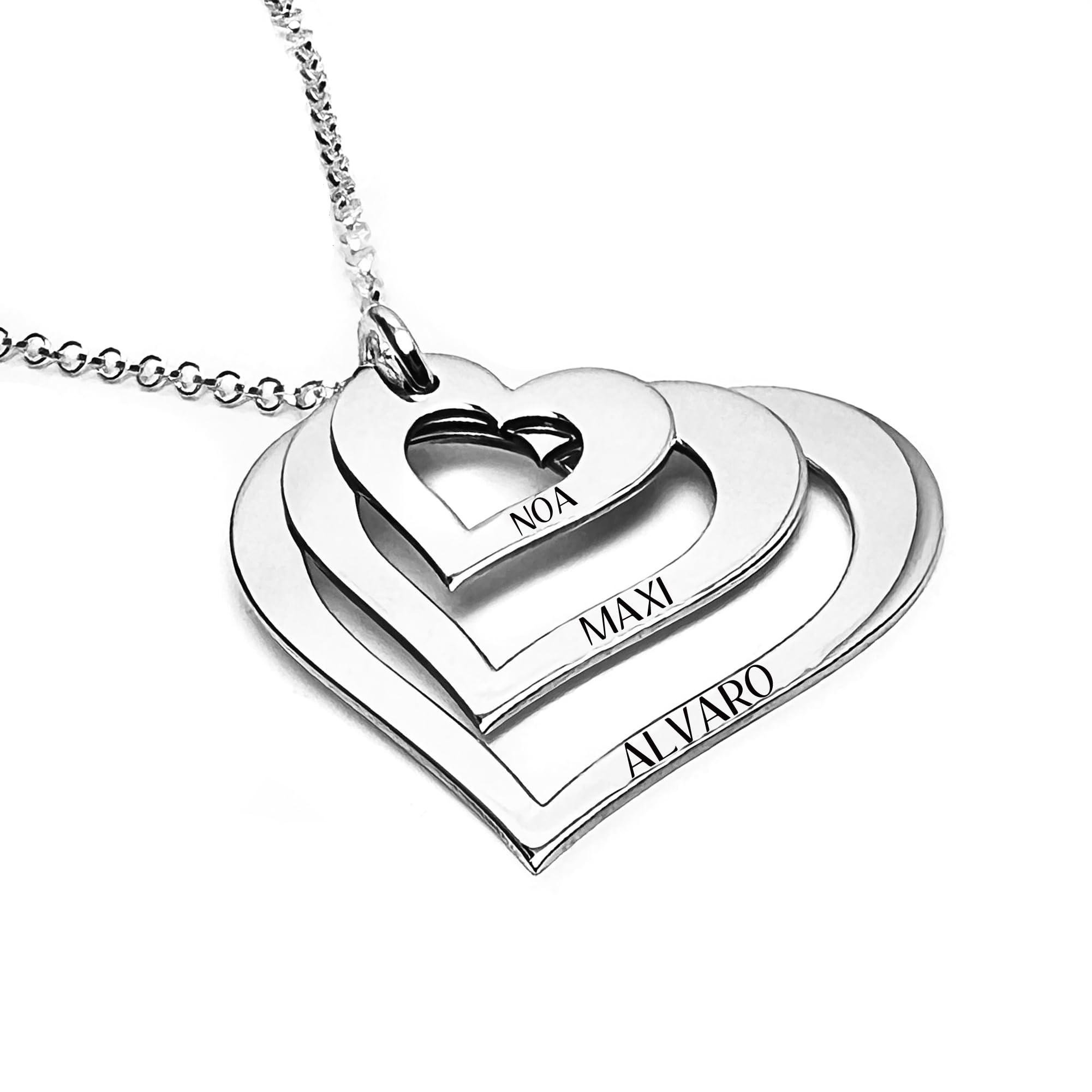 Collar Corazón Personalizado en Plata de Ley 925/1000 .Regalo Día de la Madre. Detalle Navidad. Joya Personalizada. Medidas 16-24-32mm. Modelo 3 Corazones 25