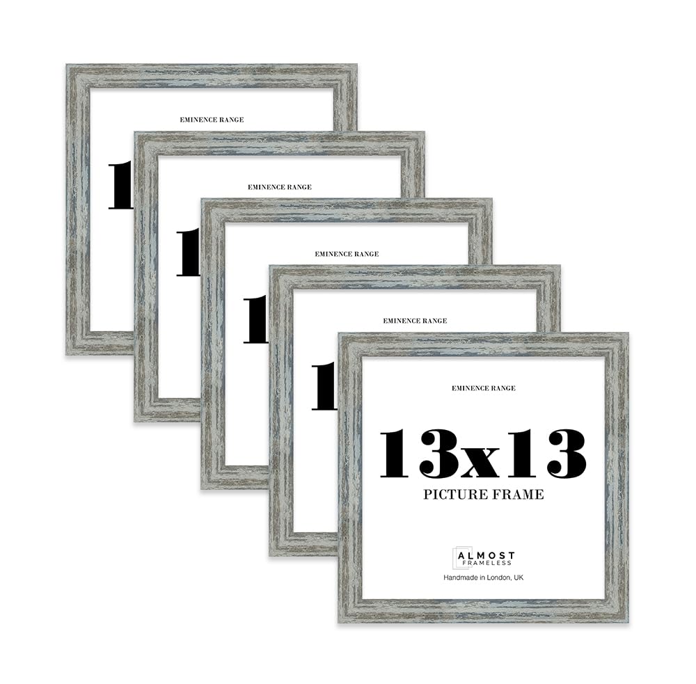 13x13" Distressed Blue Picture Frame - Rustic Wood Industrial Effect Photo Frame for Wall Display, Ideal for Posters, Prints & Home Décor, Wall Hooks, 32mm Edge - 5 Pack
