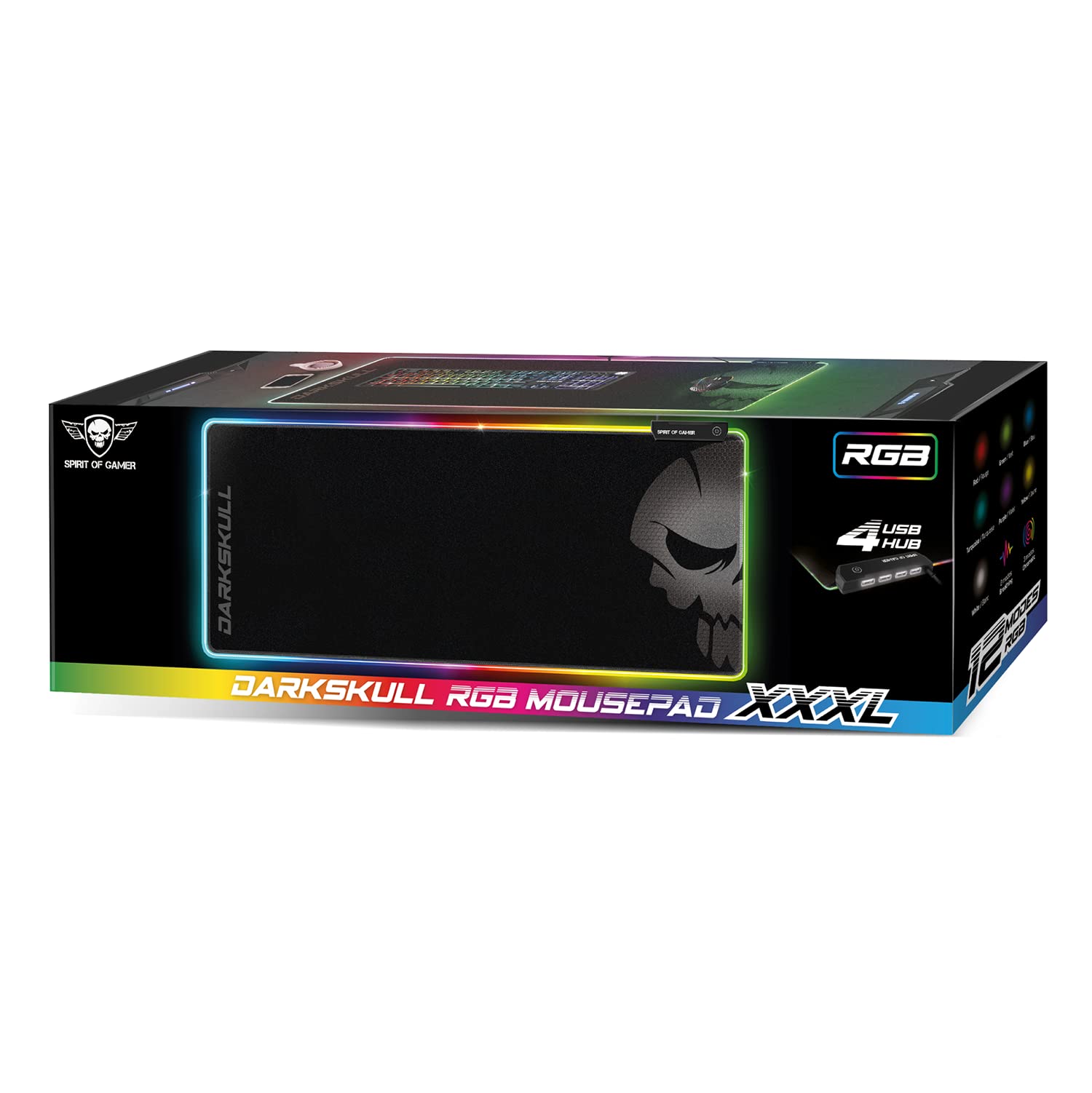 Tappetino mouse gaming XXXL RGB (900x400mm) + Hub 4 porte USB incluso | 12 Modalità di Retroilluminazione | Base antiscivolo in gomma | Mouse Pad Scrivania Luminoso Ergonomico per PC | Spirit Of Gamer