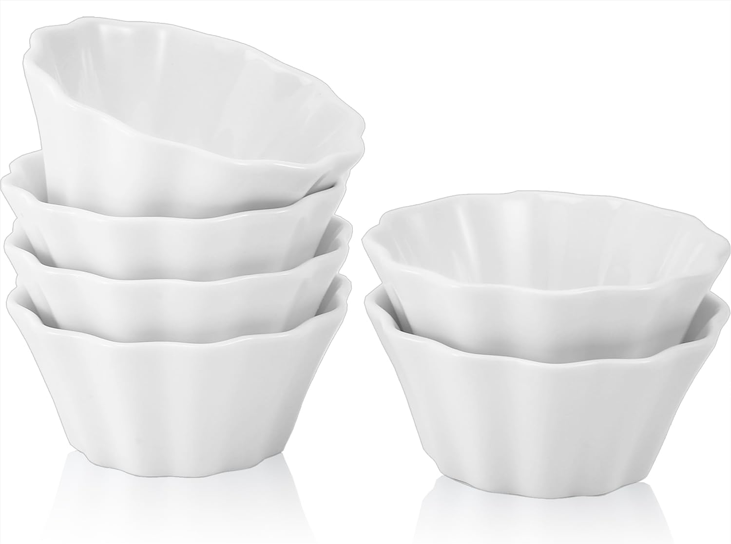 6 Pack Creme Brulee Ramekins, 6 oz Flower Shaped Ramekins Ceramic Dessert Bowls, Ceramic Pudding Cups Souffle Dishes, Ramekin Oven Safe for Baking Souffle Pudding, White