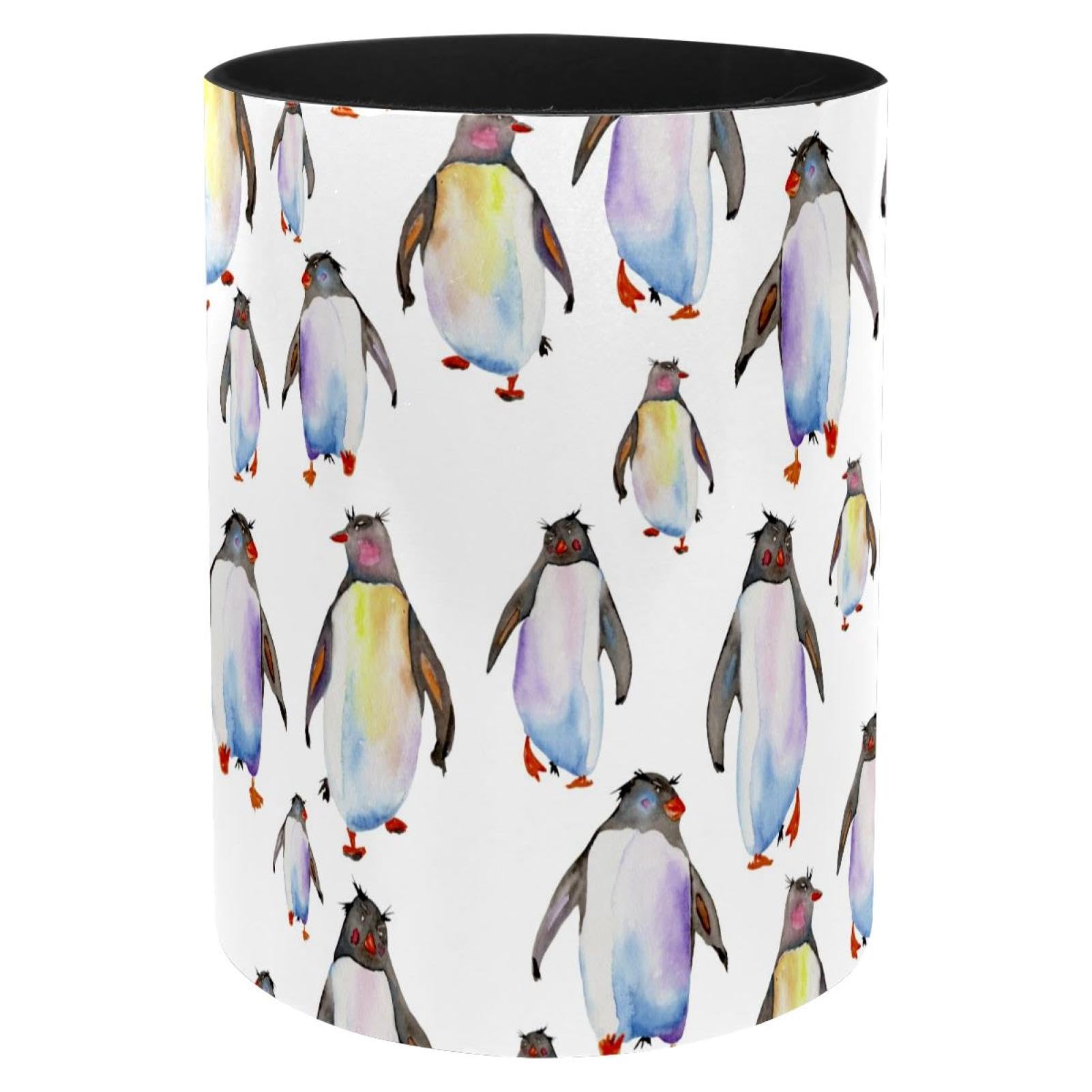 VAPOKF Watercolor Penguins Pen Holder for Desk, PU Leather Pen Pot Pencil Holders Makeup Brushes Storage Desktop Stationary Supplies Organiser for Home Office