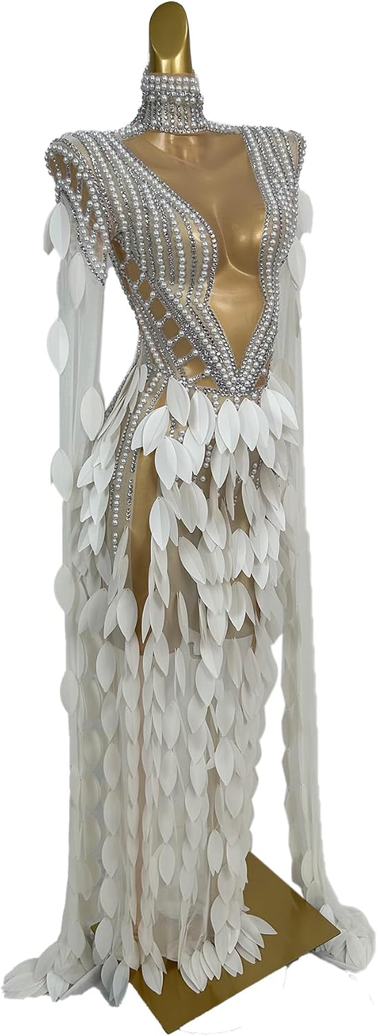 Women Pearl Prom Dress Transparent Layered Leaf Long Dress Bar Stage Performance Costume Prom Gown(White,One Size)