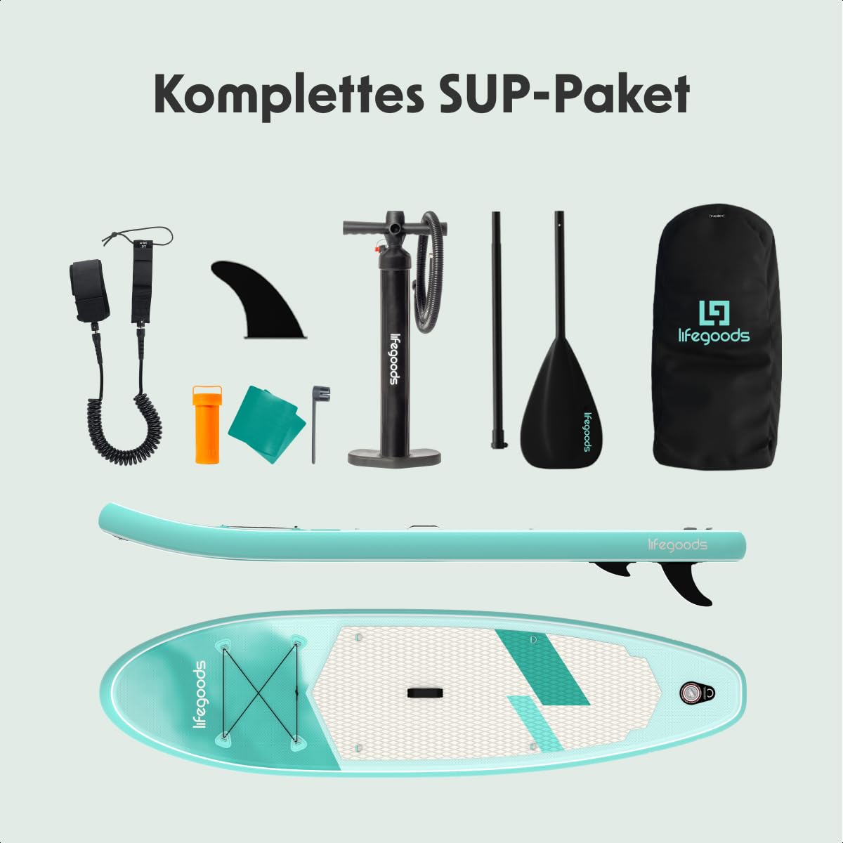LifeGoods SUP Board Set - Aufblasbare Stand Up Paddling Board - Komplettes Set inklusive Zubehör und Verstellbares Padel - Geeignet für Anfänger und Fortgeschrittene - Bis 100KG - 320x81cm