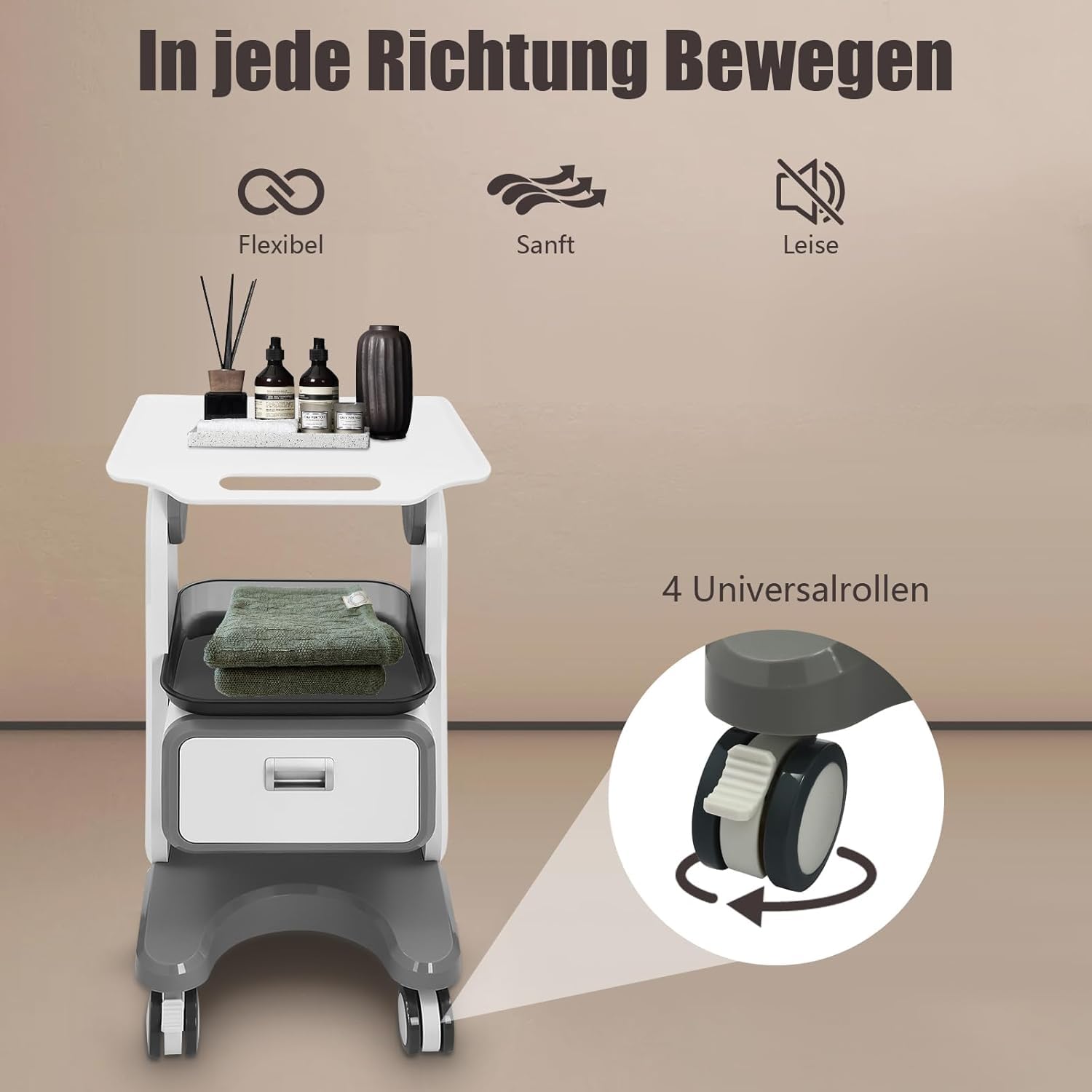 Carrello per cosmetici con 2 cassetti, carrello per salone di bellezza, carrello per attrezzi a 3 piani, con ruote frenanti, carrello mobile per studi estetici e applicazioni mediche