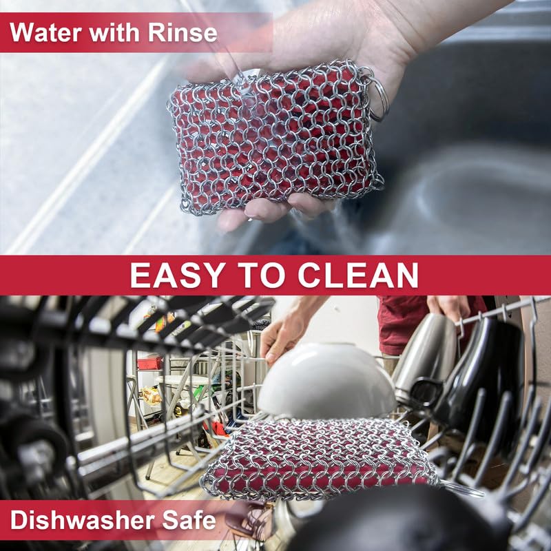 Image of Cast Iron Scrubber, 2 Pack, Sturdy Chainmail Scrubber Cast Iron, Premium 316L Stainless Steel and Silicone for Effortless Cleaning, Upgarde Chain Mail Scrubber for Cast Iron Skillet, Pan, Pot