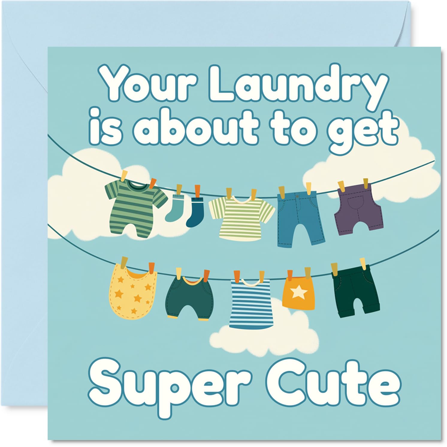 Playful New Baby Card - Laundry Day Just Got Adorable - Cute Baby Clothes Pegged on a Line under a Blue Sky - 145mm Square, Envelope Included