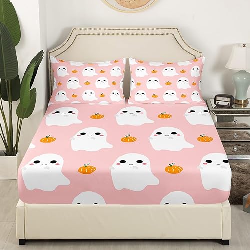 Miniatura 3 de Erosebridal Juego de sábanas de Halloween con diseño de fantasmas de dibujos animados, decoraciones de calabaza de Halloween, sábana bajera