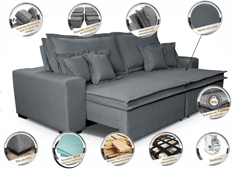 Sofá cinza visto de lado, com fundo neutro. Sofá cinza visto de lado, com fundo neutro.