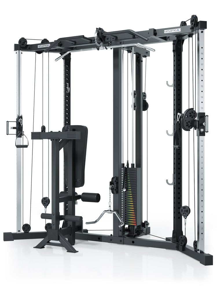Atletica XTRIA | Kabelzugstation | Cross-Over-Kabelzug mit LAT- und Ruderzug | 125kg Gewichtsblock | abnehmbare Hantelbank | als Eck-Lösung für maximale Raumeffizienz