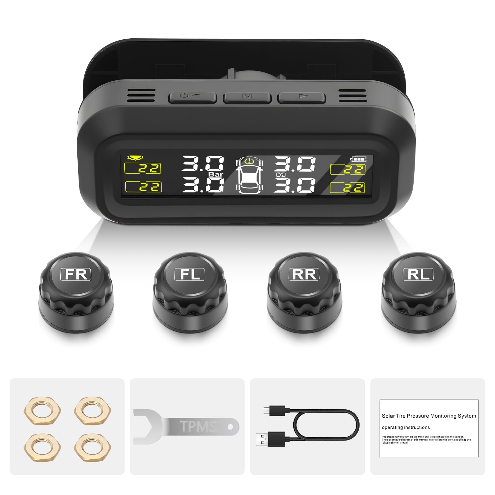 0-3.5Bar Sistema di Monitoraggio della Pressione dei Pneumatici TPMS Wireless Solar, con Ricarica USB, 4 Gomme Sensori Esterni 5 Modalità di Allarme per Auto Car SUV