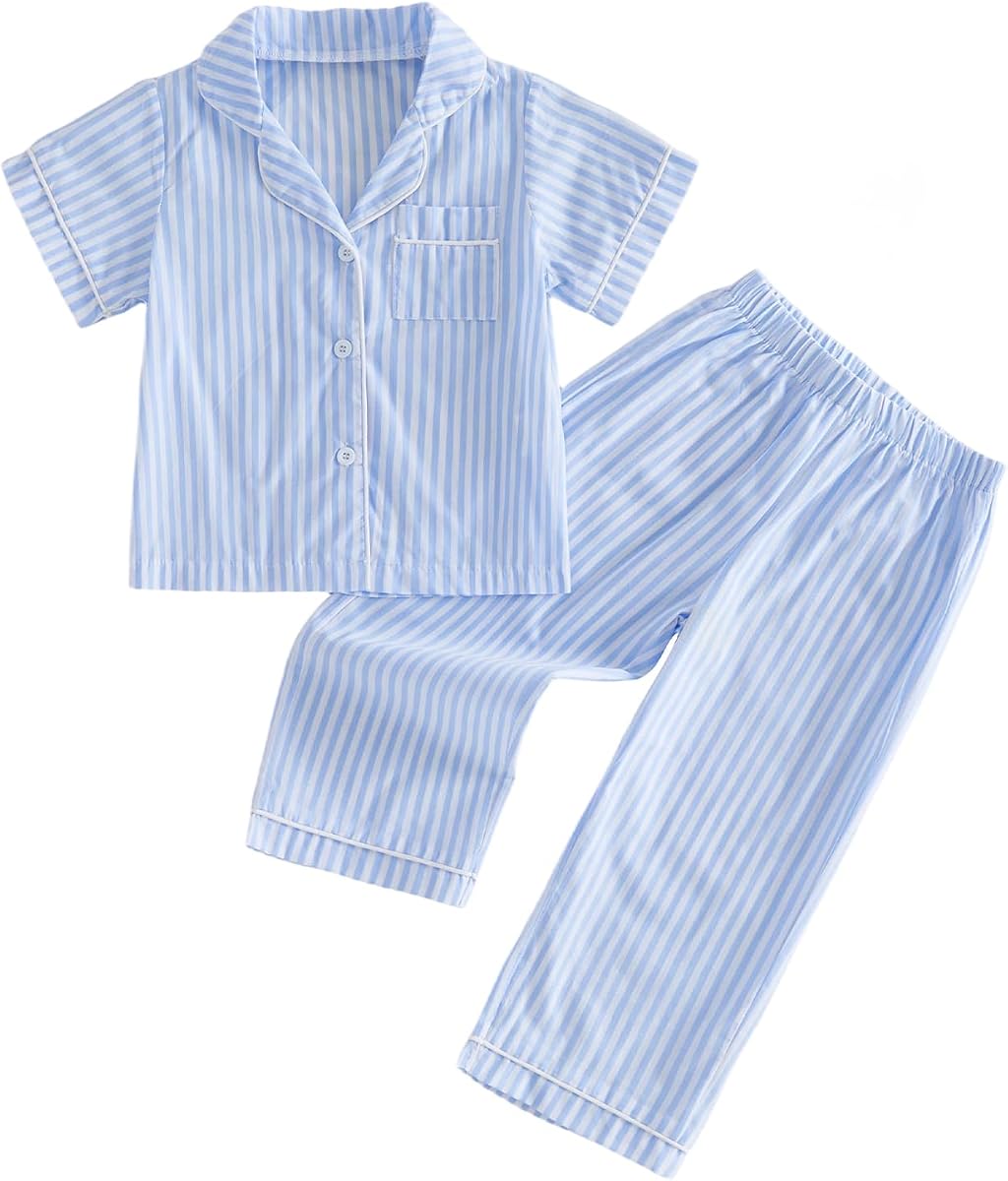Kuriozud Conjunto de pijamas de verano para bebé, niña, niño, a rayas, manga corta, camisa con botones, pantalones superiores, 2 piezas, conjuntos de pijama, ropa de dormir