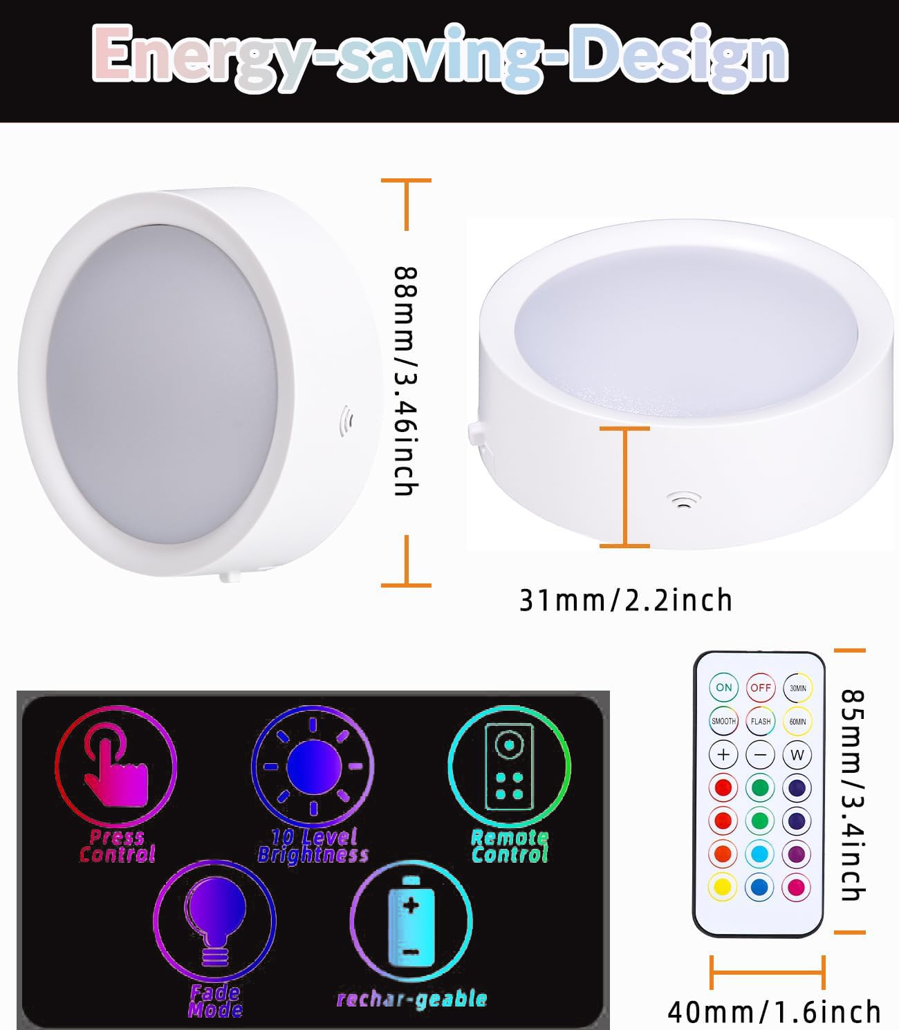 Luci a disco ricaricabili con telecomando, 13 colori cangianti, dimmerabili, luci a spinta, luci a LED senza fili, per armadio, camera da letto, armadio e aula, confezione da 3