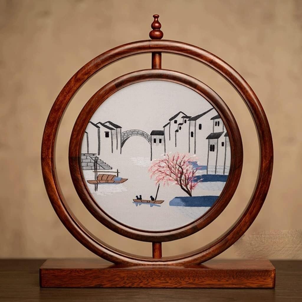 Ancient Chinese Style Double-Sided Embroidery Decorative Table Screen with Lamp, Handmade Silk Fabric & Red Pear Wood Frame, Elegant Desktop Home Décor