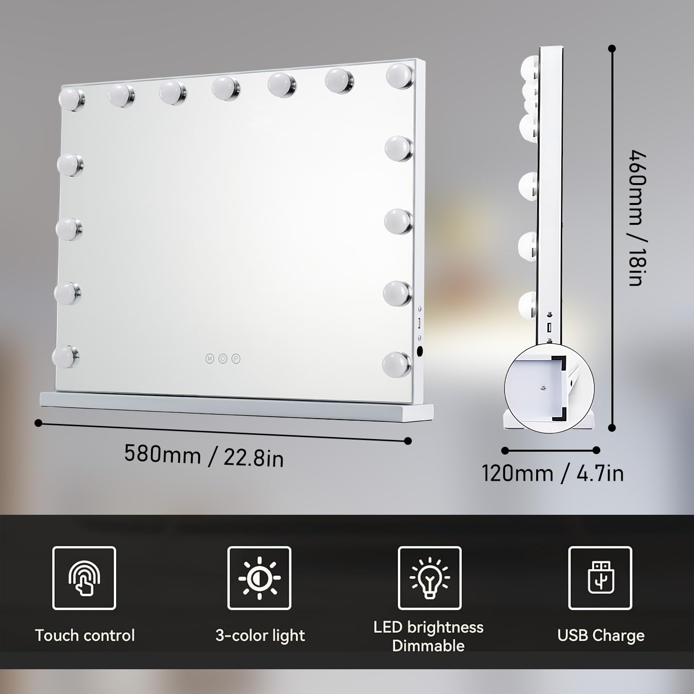 Genérico Espejo de Maquillaje con Luz LED, 3 Temperatura de Color, 15 Bombillas, Ajustable, Control Táctil, Enchufar, 58x46 cm, Montaje en Mesa y Pared, Carga USB