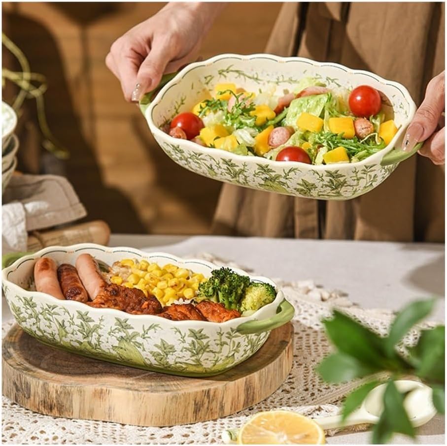 Casserole Dish 10Inch 500ml Lily of the Valley Double-Handled Ceramic Baking Pan Rectangular Household Tableware
