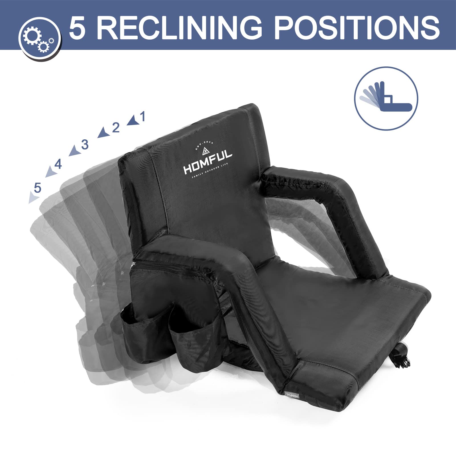 HOMFUL Folding Stadium Seats for Bleachers with Armrest and Back Support Portable Reclining Stadium Chairs with Padded Cushion Seats for Sporting Outdoor Camping Beach Concerts Picnic Bleacher Black