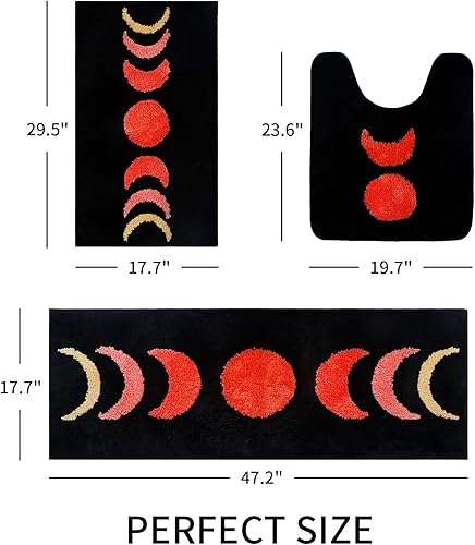 Miniatura 2 de Juego de 3 alfombras de baño bohemias, antideslizantes, absorbentes, de fases lunares, de microfibra con alfombrillas para inodoro, en forma de U,