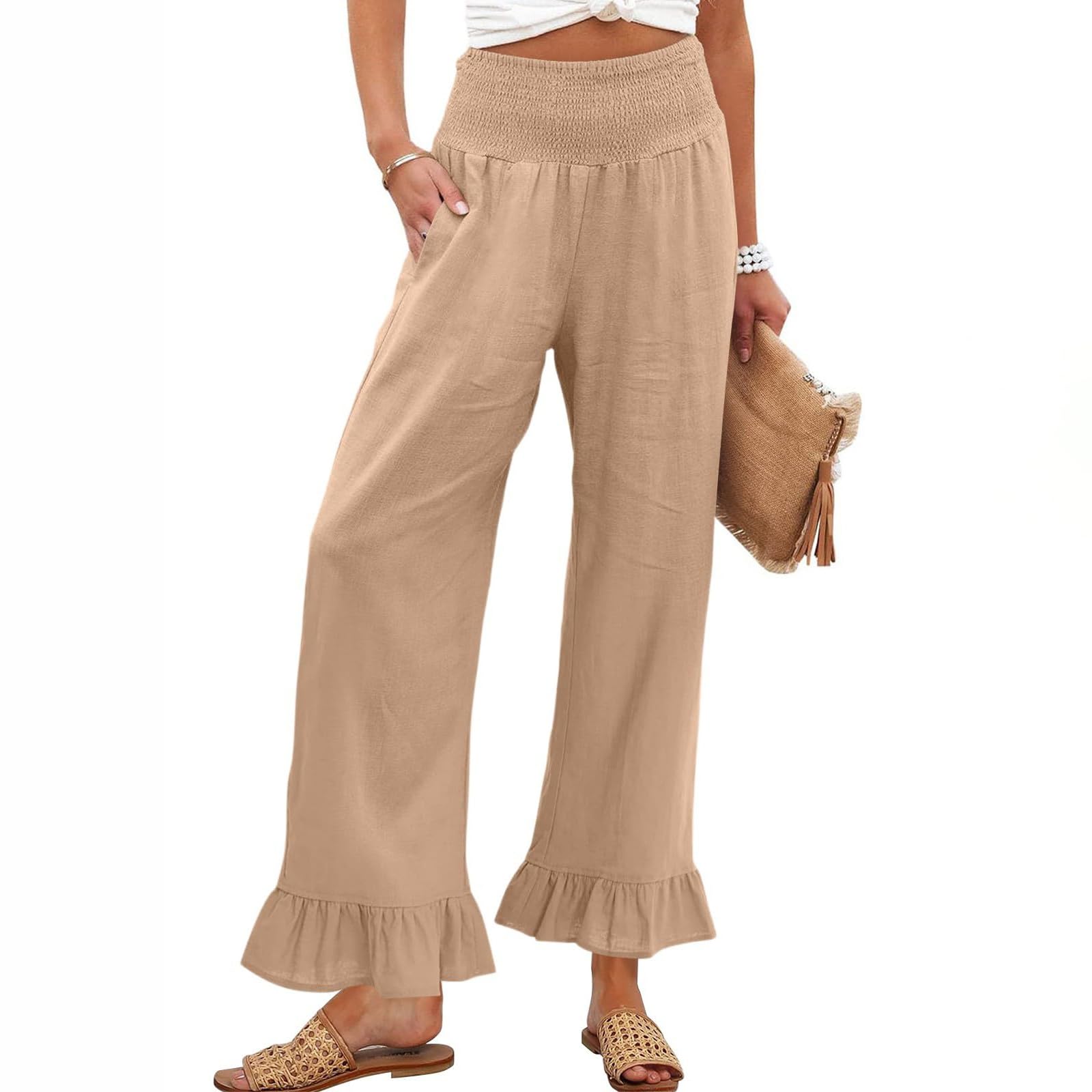 Woman Ruffle Hem Pant 2026 Smocked Elastic High Waist Long Pants Fashion Linen Spring Fall Trousers