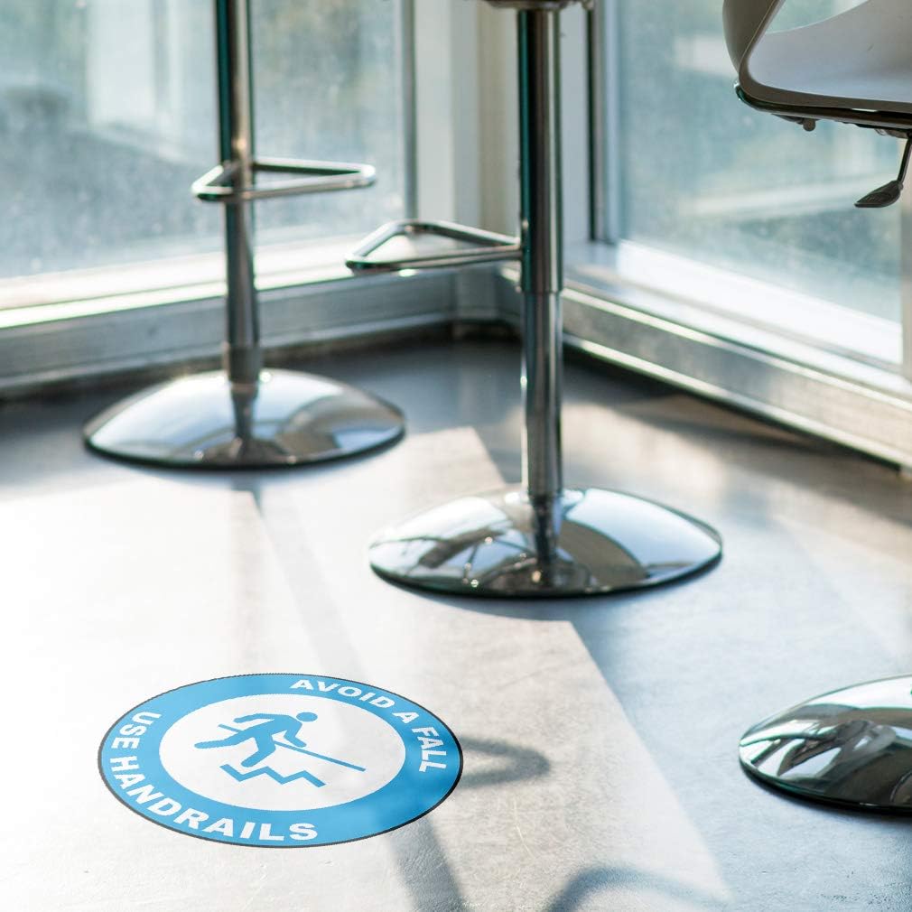 Avoid A Fall Use Handrails Floor Decals Blue Anti-Slip Round Shape Lifestyle Industrial Signs Stickers 17Inches Longer Side