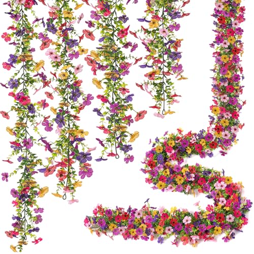 Ammyoo Artificial Flowers Garland Ivy 4 Pack 5.9 FT Spring Summer Decor UV Resistant Fake Mums Floral Vine Silk Daisy Hanging Flower for Home Garden Wedding Decor Photo Booth Backdrop(Mix)