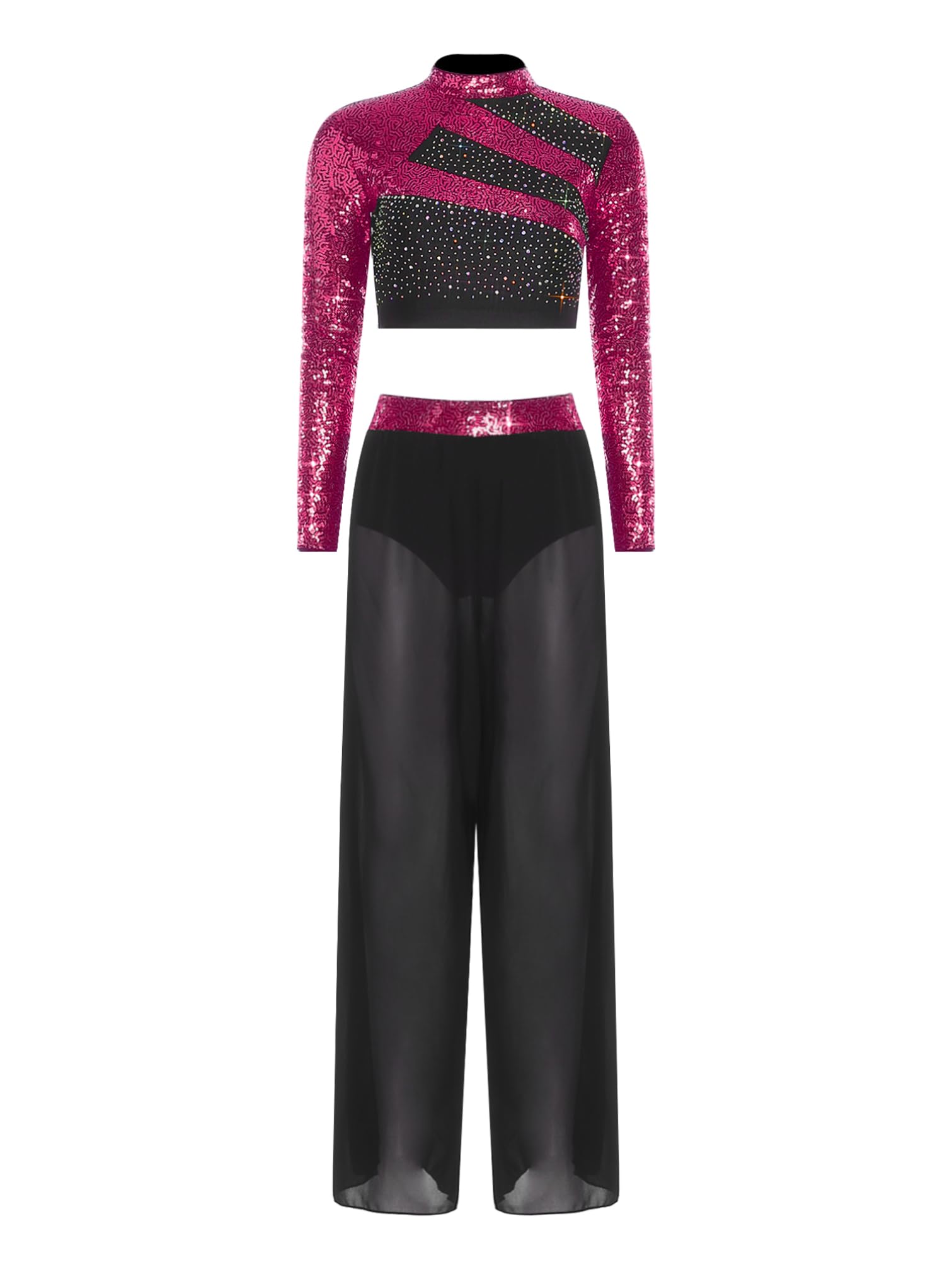iiniim Traje de Baile Lentejuelas para Mujer con Crop Top de Manga Larga y Pantalones Traje de Gimnasia Rítmica Conjunto de Baile Lírico S-XXL