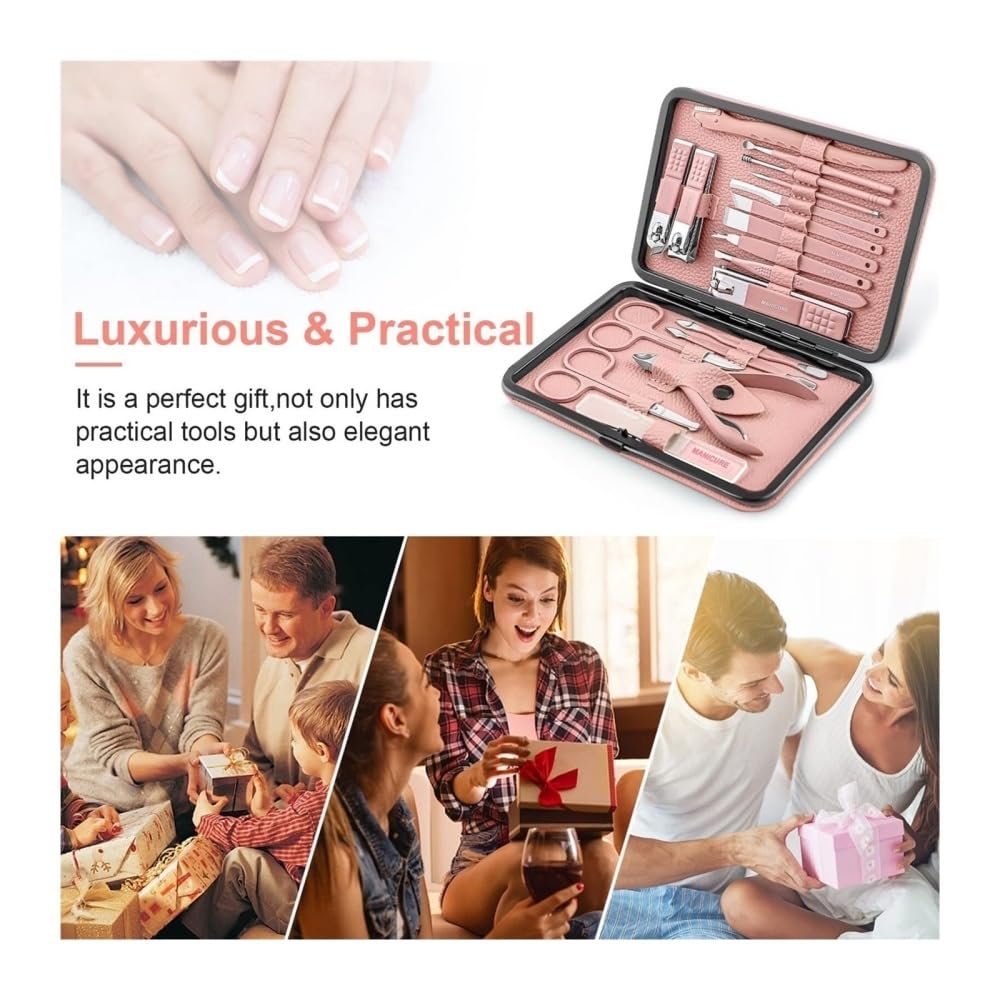 Zestaw do manicure dla kobiet, 18 Piece Professional Manicure Pedicure Kit, Nail Clippers Set with Travel Case(Pink)
