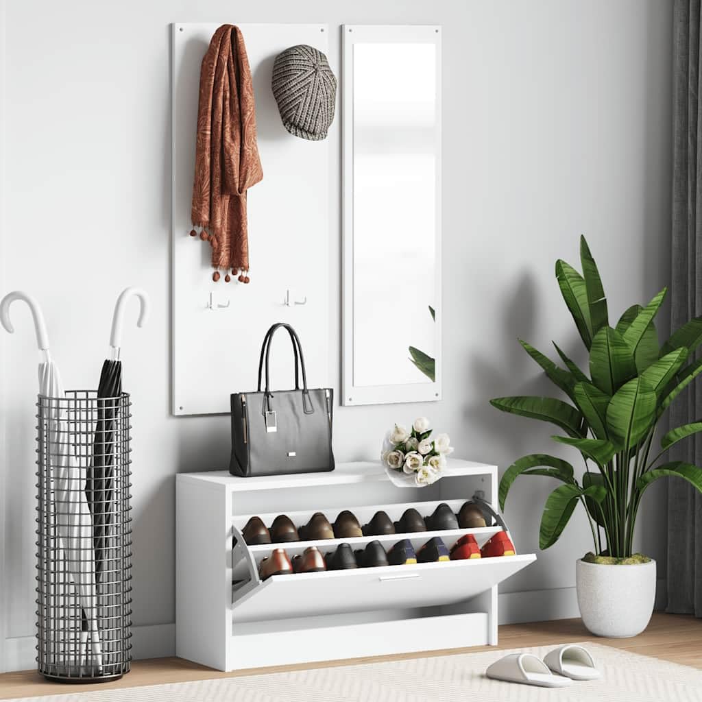 Set di 3 mobili da corridoio in legno bianco, con scarpiera, appendiabiti, specchio da parete per corridoio, ingresso, salvaspazio, con molto spazio e ganci stabili