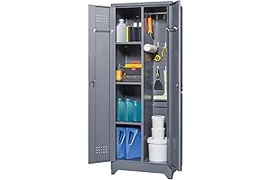 Broom Storage Cabinet with Adjustable Shelves and Hanging Rod