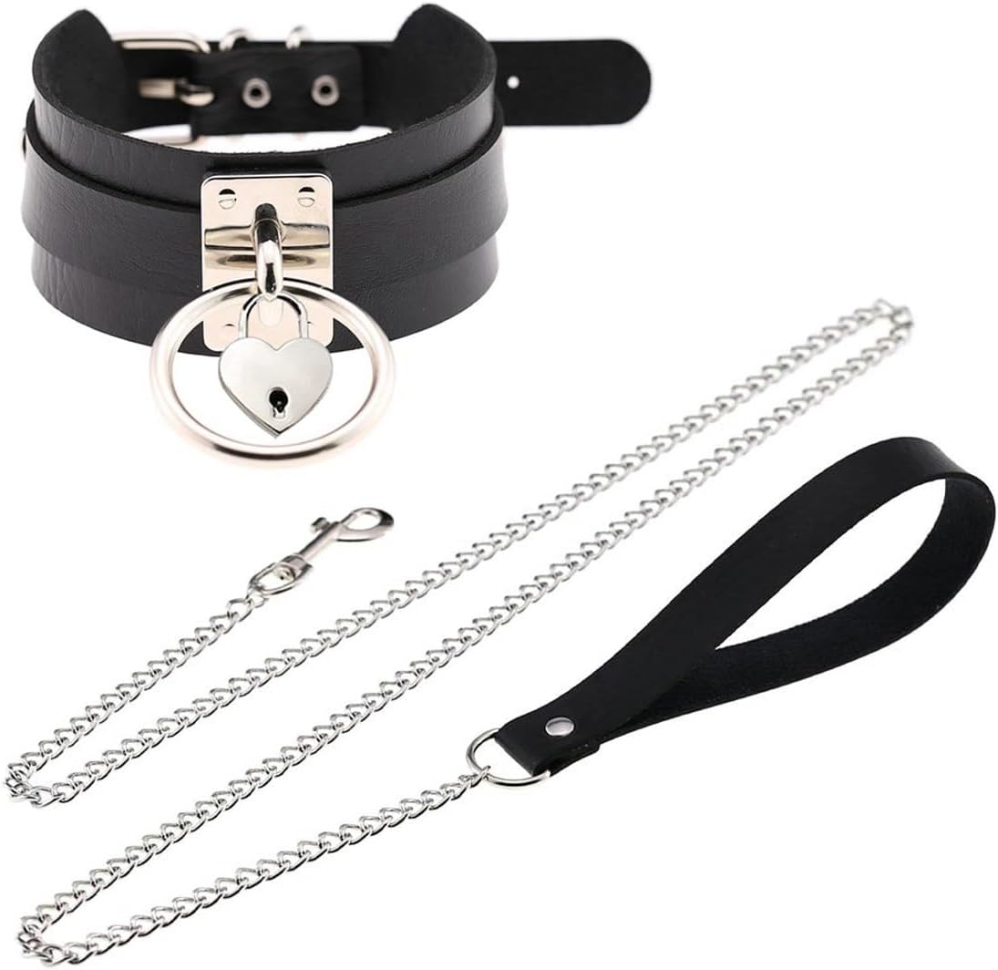 Punk Hauling Chain PU Leather Collar Heart Choker Metal Ring Necklace Adjustable Size Neck Accessories