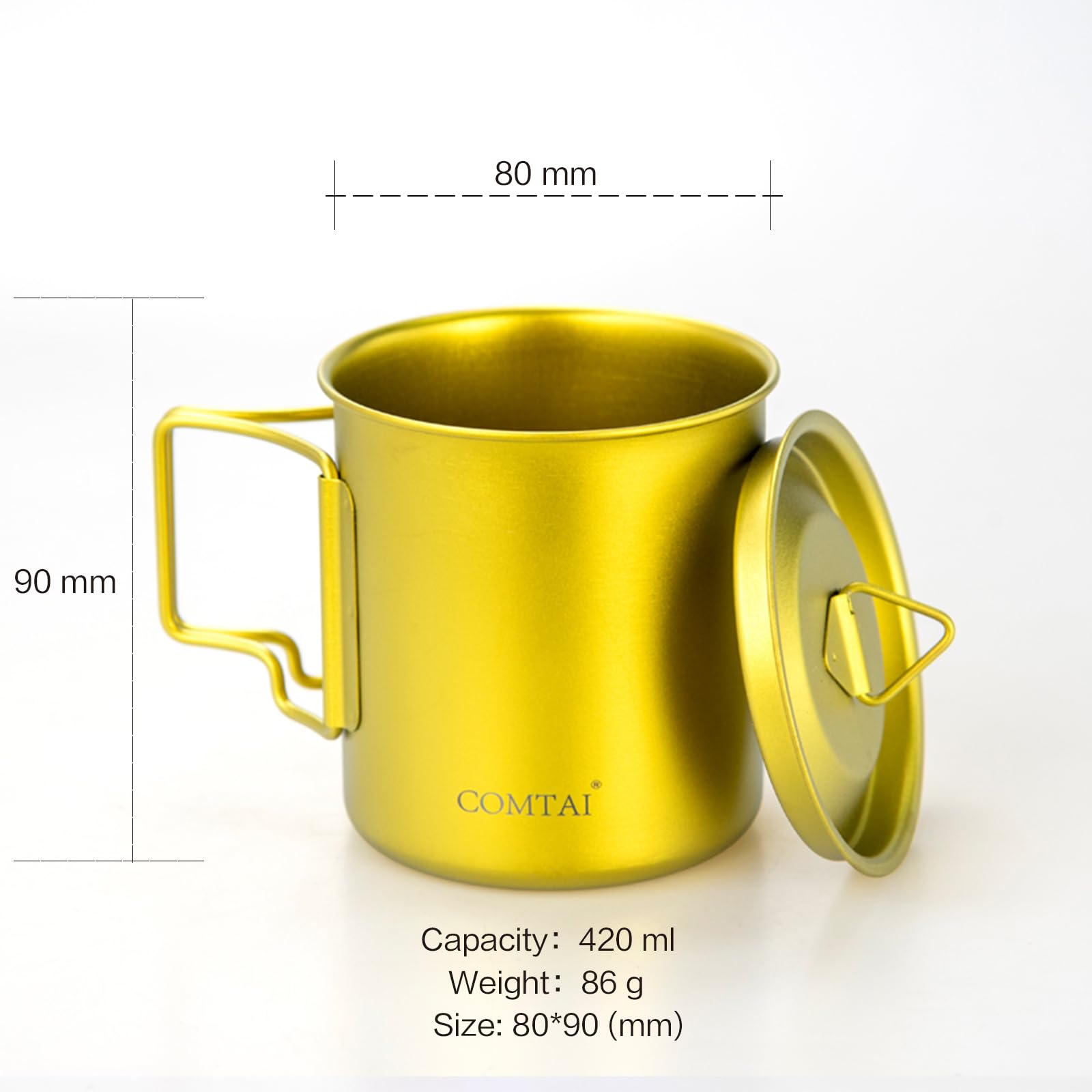 COMTAI Titanium Pot, 420ml/15 oz Mug with Lid and Foldable Handle, Outdoor Titanium Cup for Hiking Camping Cooking-Yellow