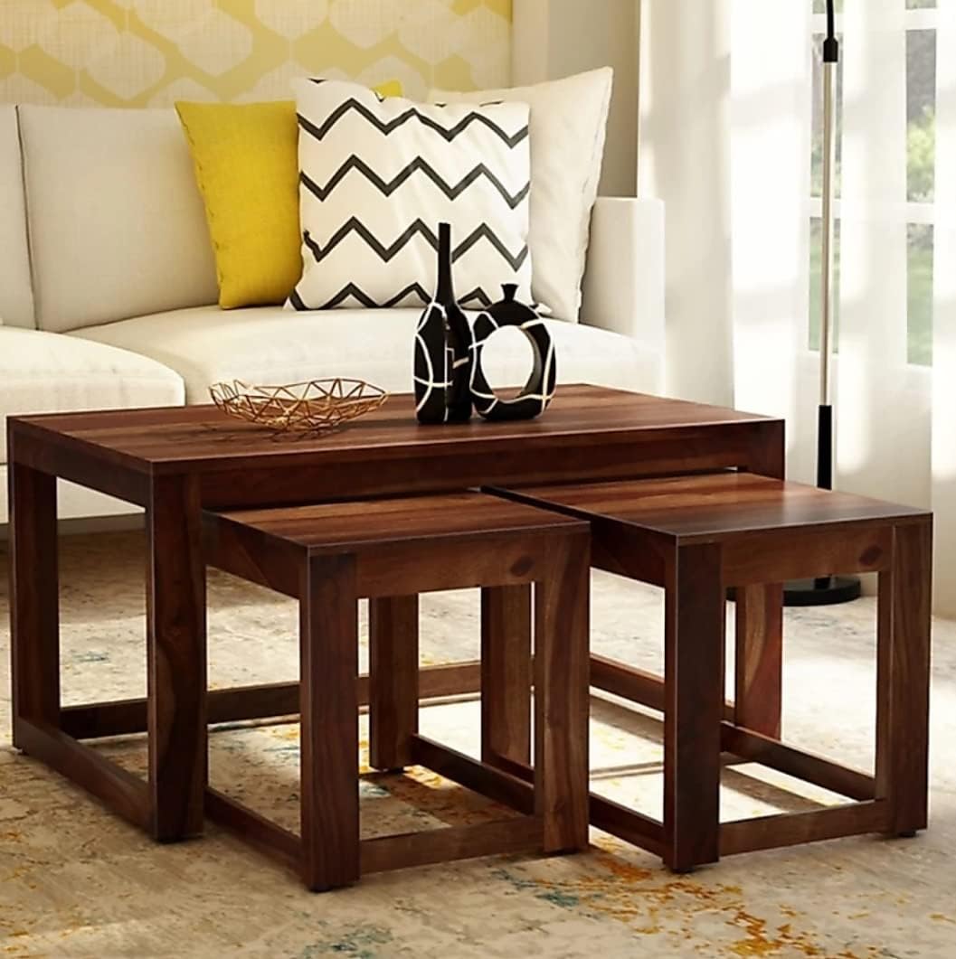 wooden coffee table with 2 stools for living room | solid wood center tea table for home & hall furniture (natural finish)