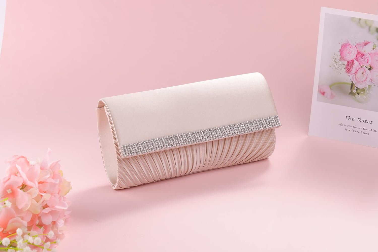 ERIJUNOR Classic Pleated Satin Evening Bags Rhinestone Clutch Purses Party Prom Wedding Crossbody Handbags For Women