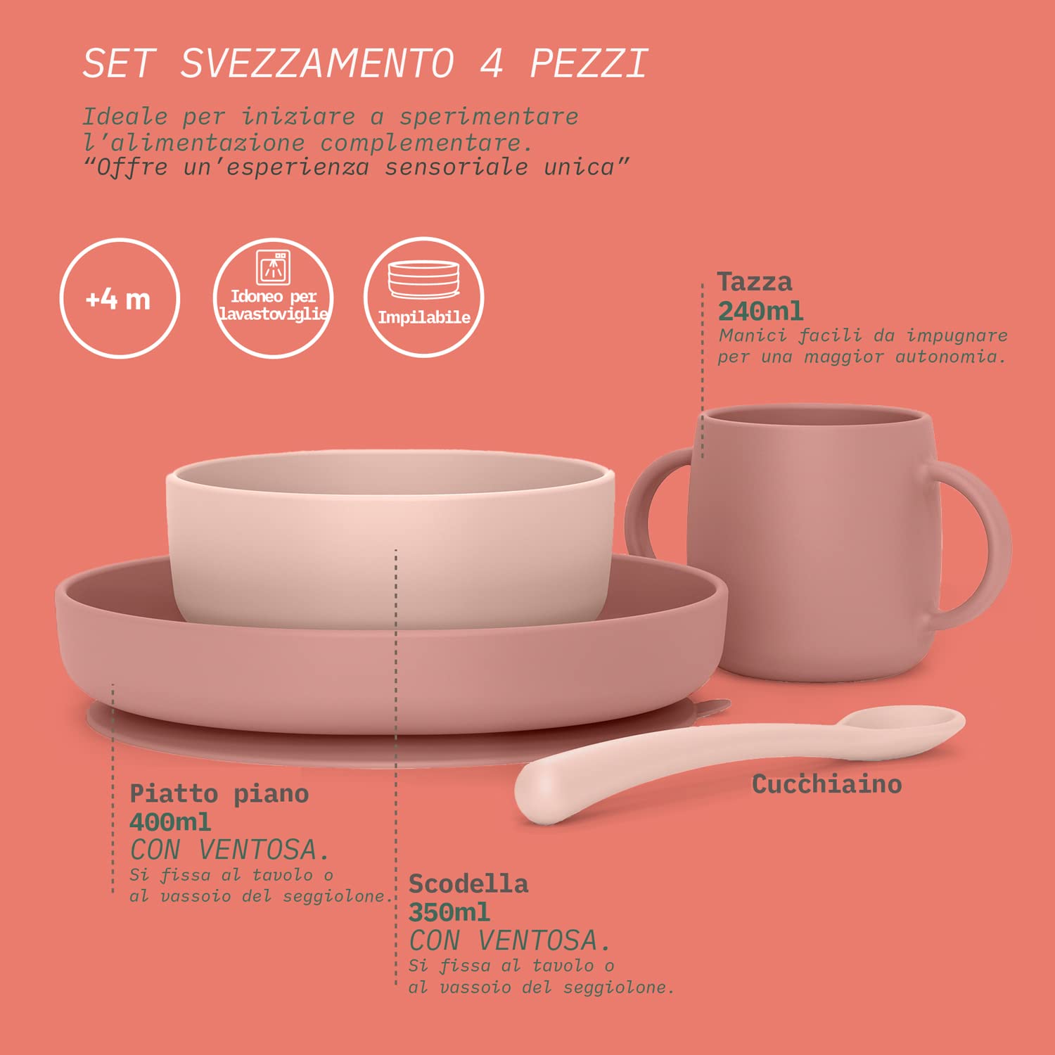 Suavinex, Stoviglie per Bambini in Silicone, con Ventosa Resistente. Include: Ciotola da 350 ml + Piatto da 400 ml + Tazza da 240 ml + Cucchiaio, +4 Mesi. Colour Essence, Rosa