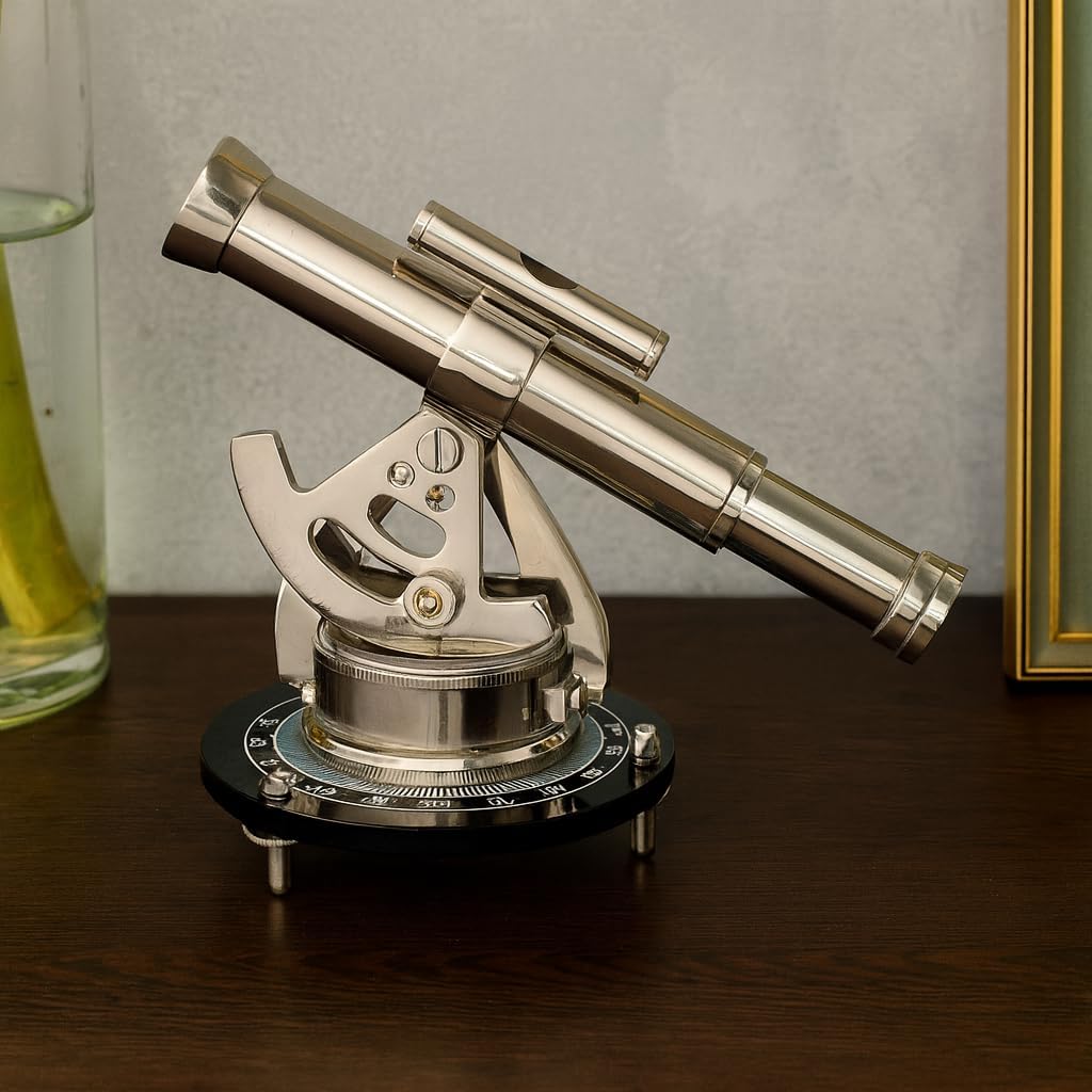Nickel Finish Alidade Compass Telescope Maritime Brass Theodolite with Magnetic Compass Vintage Survey Nautical Instrument Desk Decor Collectible for Home Office