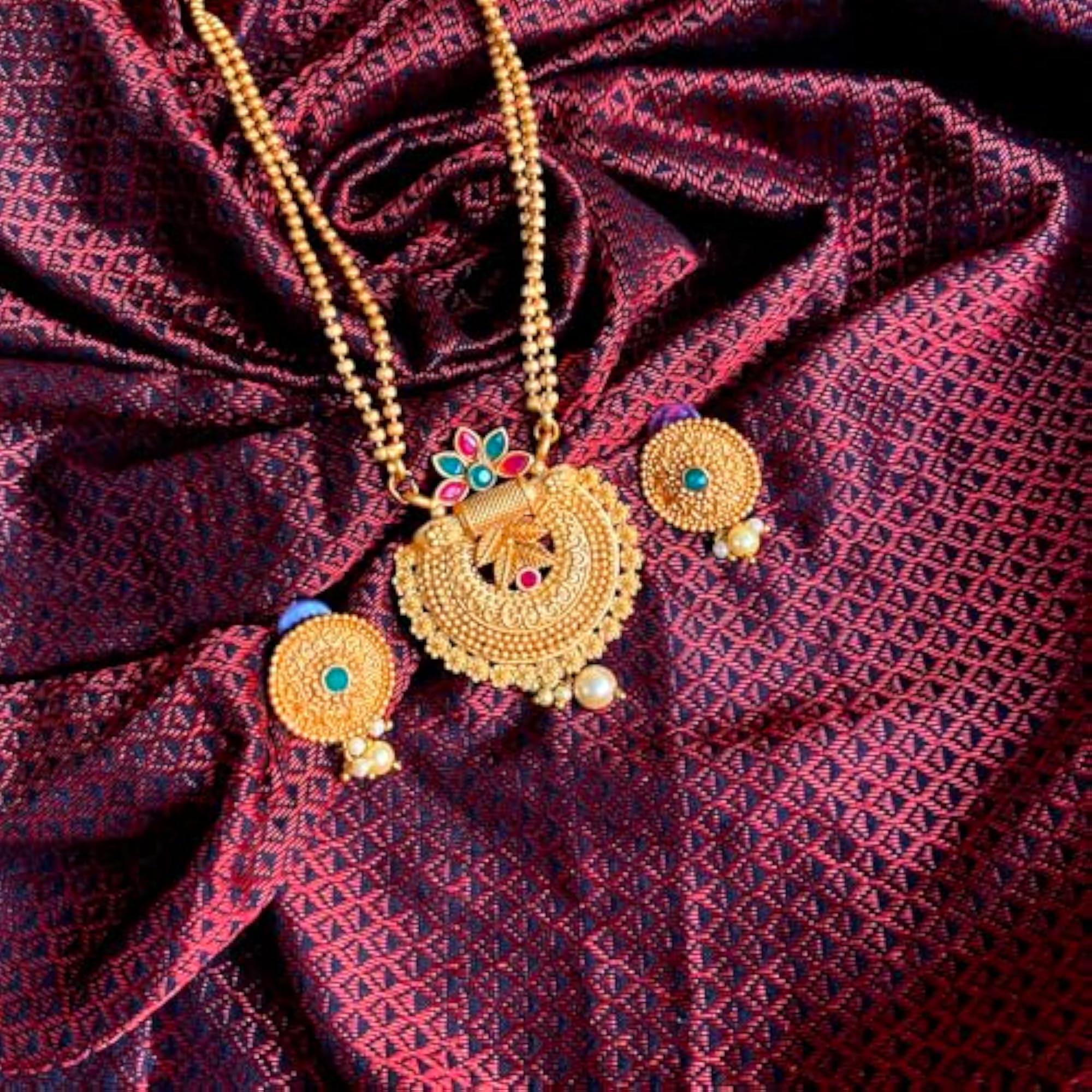Deity Red Stone Stud Drops Necklace Set, South Indian Style