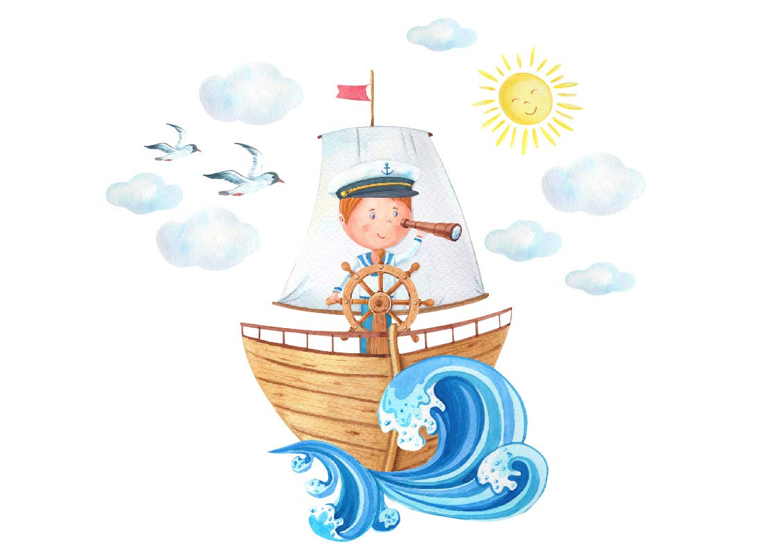 Wandtattoo Seemann auf einem Schiff - Wolken Hund Möwen Fisch Kinderbilder Junge Kinderzimmer Mädchen Aufkleber Osomhome (Junge Seemann, XL) 160x150cm